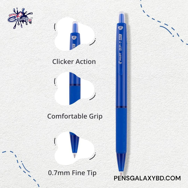 PILOT BP-1-RT Ballpoint Pen - 12 Pieces - Blue - Fine Point - Features Click Action - Comfort Grip - 0.7MM Fine Tip Image