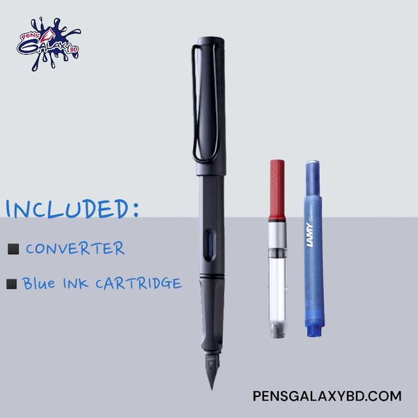 LAMY Safari Charcoal Black Fountain Pen - Comes with an ink converter and blue ink cartridge combo package image