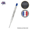 A Parker 0.5mm refill pen in silver with a blue cap, shown on a white background with brand badges and a website URL.