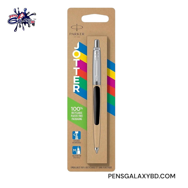 Parker Jotter retractable ballpoint pen in its original brown kraft paper packaging, featuring a silver and black pen with colorful branding accents.