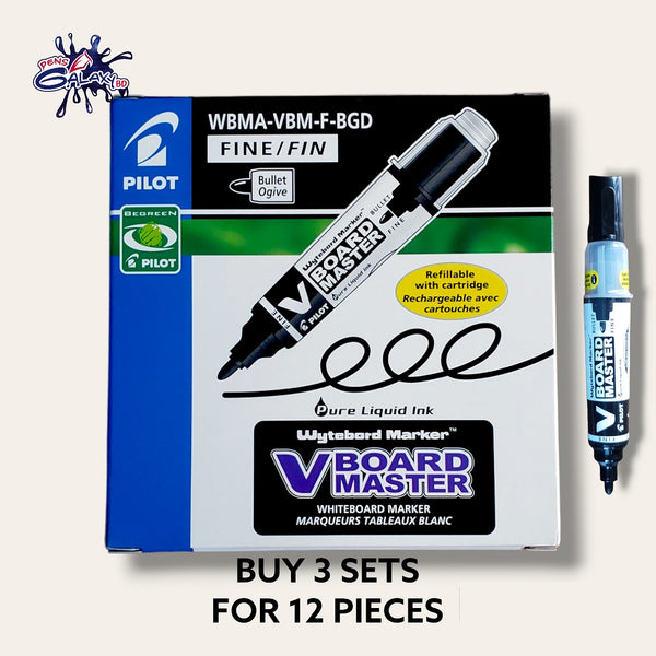 Pilot V-Board Master Whiteboard Markers - Extra Fine 3.5mm Tip, Refillable, Black (Pack Of 10)