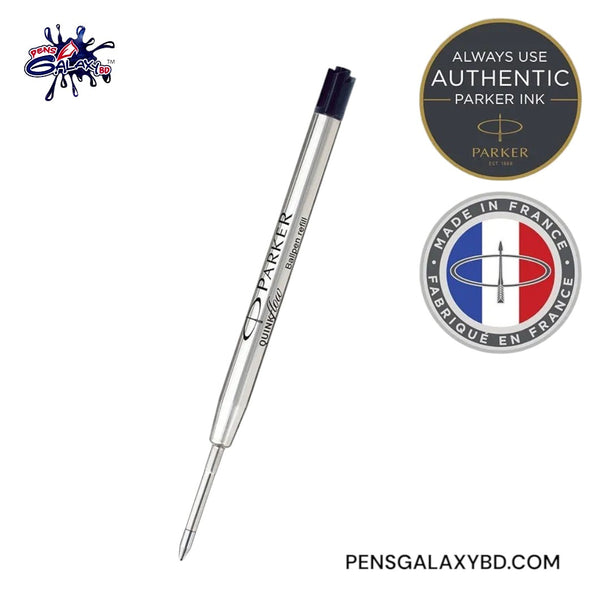 A single Parker ballpoint pen refill cartridge shown diagonally on a white background, with two circular brand badges and a website watermark. The product is silver metal with a black cap and a silver tip.