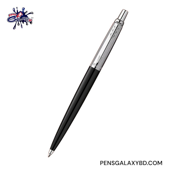 A sleek black ballpoint pen with polished silver metal accents, shown diagonally on a plain white background. A 'Pens Galaxy BD' logo is visible in the top-left corner, and the URL 'PENS GALAXYBD.